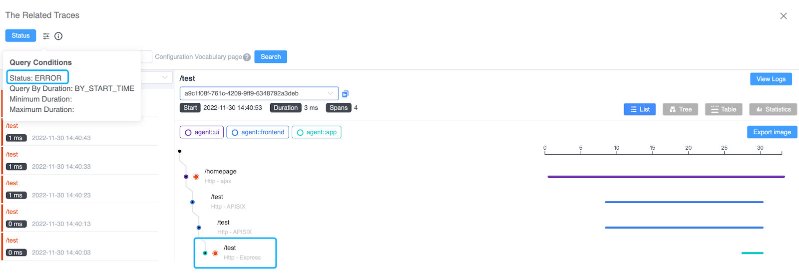 图 2:SkyWalking 显示具有错误状态的相关追踪。
